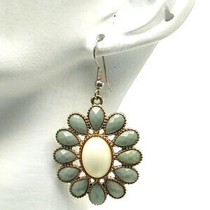 Flower Earrings Silver-tone Setting Muted Green Petals Oval Cream Center